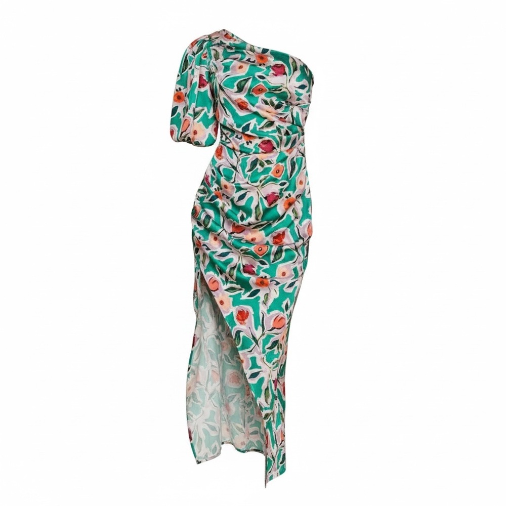 SHEIN One-Shoulder Floral Midi Dress in Green, Coral and White